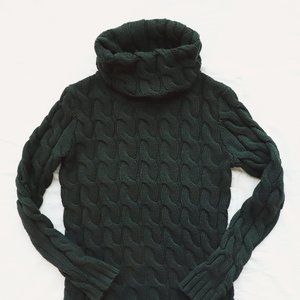 Turtleneck Chunky Cable Knit Sweater Green size S